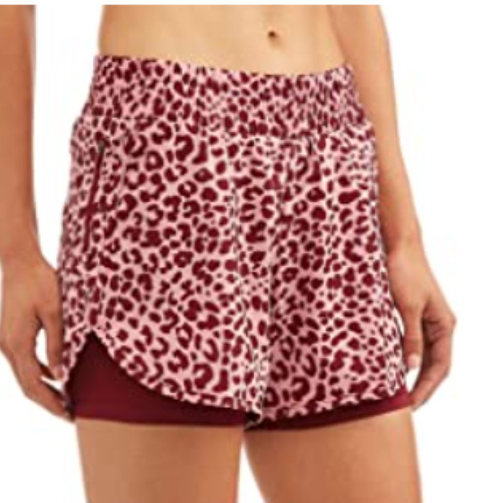 Avia Running Short Small 4-6 Maroon Animal Print Lined Zip Pockets Elastic Waist
